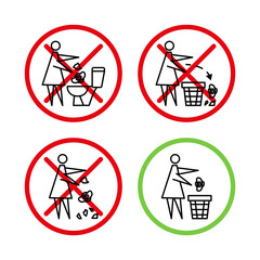 Do not litter in the toilet. Toilet no trash. Woman throws sanitary towels in the lavatory. Please use trash can for paper towels, sanitary products. Prohibition icons. Forbidden placard