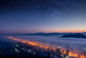 The stars and the Milky Way in the dark night sky are very beautiful.