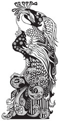 Chinese phoenix or feng huang Fenghuang mythological bird. Black and white graphic style vector illustration