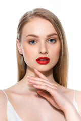 young woman with blue eyes and red lips looking at camera isolated on white