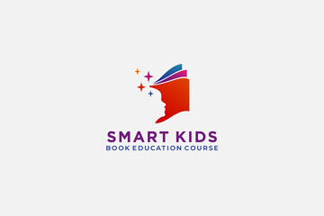 Online Education logo design template. open book with star and kids face silhouette , usable logo for Online course . home schooling vector logo design illustration template