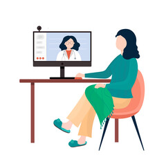 Vector illustration doctor in mask give online consultation her patient about vaccination card Covid-19. Period of coronavirus or sick. Video conferencing at home.