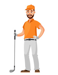 Golfer holding club. Male person in cartoon style.