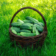 Ripe cucumbers in a wicker basket on green grass.