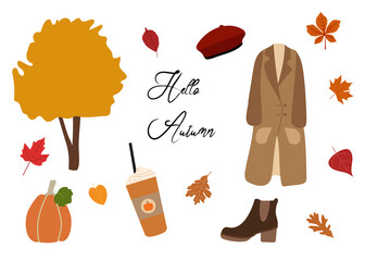 Hello autumn flat vector set illustration. Warm coat, orange pumpkin, brown boot, beret, coffee cup, fall leaves. Isolated on white background. Great for cards, print, stickers.