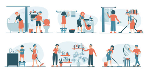 Housework set vector isolated. Collection of families doing house work. Vacuum cleaning, clothes ironing, cooking, wiping dust. Men, women and children doing chores together.
