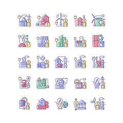 Energy purchase RGB color icons set. Alternative renewable electrical power cost. Utility service payment. Isolated vector illustrations. Energy prices simple filled line drawings collection