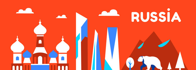 Russia. Long travel and tourism background. National landmarks. Skyscrapers, business, Orthodox church, nature, mountains, bear. Russian culture, religion, nature. Vector flat illustration on red back