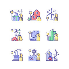 Energy prices RGB color icons set. Hydropower, wind power production cost. Expense for sustainable generation. Isolated vector illustrations. Energy purchase simple filled line drawings collection
