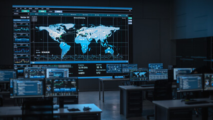 Shot of a Big Empty Data Monitoring Center with Global Map on a Big Digital Screen. Center of Live...