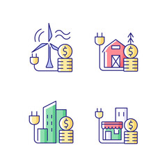Electricity cost RGB color icons set. Wind energy financial expense. Rural area utility service. Isolated vector illustrations. Electricity consumption price simple filled line drawings collection