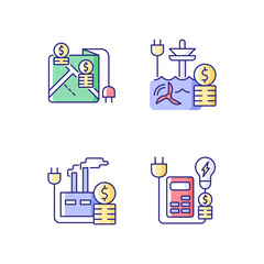 Electrical energy purchase expense RGB color icons set. Pricing by locality. Rebates for utility. Isolated vector illustrations. Electricity consumption simple filled line drawings collection