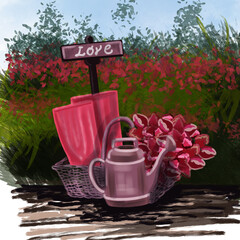 romance, romantic date, romantic picnic, picnic basket, pink flowers, love inscription, pink rubber boots,pink watering can, picture for event photos.instagram picture,website picture, telegram pictur