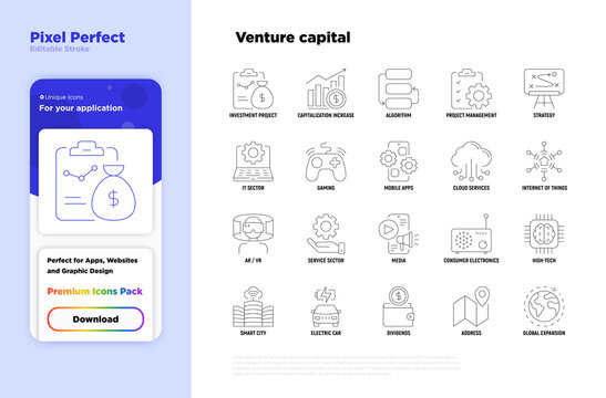 Venture Capital Thin Line Icons Set. Investment Project, Capitalization Increase, Strategy, Dividends, Global Expansion, High Tech. Pixel Perfect, Editable Stroke. Vector Illustration