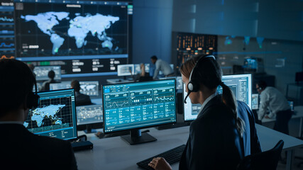 Female Specialist Works on a Computer with Live Ananlysis Feed from a Global Map on a Big Digital Screen. Employees Sit in Front of Displays with Financial Stock Market Trading Info and Big Data.