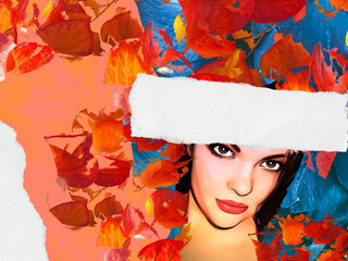 Contemporary art collage with beauty face woman and red foliage.
