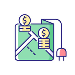 Pricing by locality RGB color icon. Location on map for point of electricity usage. Tracking payment for power consumption. Isolated vector illustration. Energy purchase simple filled line drawing