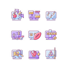 Online simulators RGB color icons set. Isolated vector illustrations.. Playing cooperative games with friends. Interesting characters during whole gameplay simple filled line drawings collection