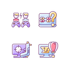 Cooperative games RGB color icons set. Isolated vector illustrations.. Playing against players. Intelectual trivia questions. Fun adventure stories with npc simple filled line drawings collection