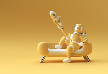 3d Render Spaceman Astronaut Sitting on Sofa with Flying Rocket 3d illustration Design.