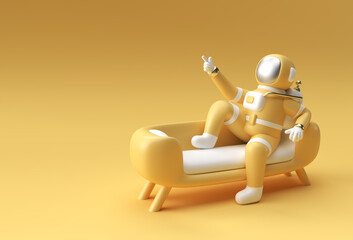 3d Render Spaceman Astronaut Sitting on Sofa with Flying Rocket 3d illustration Design.