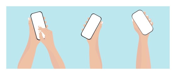 A template with an empty gadget in your hand. A set with human hands holding mobile phones with empty screens. The fingers of the hand touch the smartphone display. Isolated on a blue background.