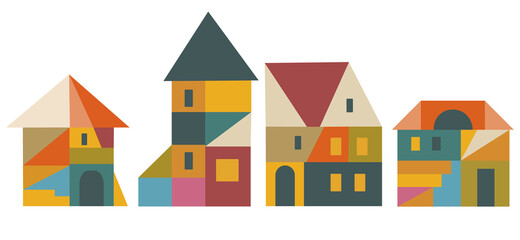Various houses in geometric style. Vector  trendy illustration.