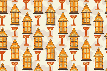 Seamless pattern with handmade houses, handdraw. A house with windows and roofs, a bowl for a fountain in a diagonal layout. Vector illustration.