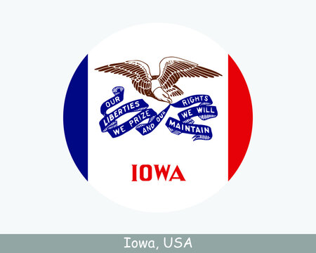 Iowa Round Circle Flag. IA USA State Circular Button Banner Icon. Iowa United States of America State Flag. Hawkeye State EPS Vector