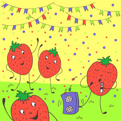 Creative hand-drawn digital jpg. Funny cartoon berry. Strawberry. Party. Karaoke. Dancing. Children's pattern. Template music print for card, interior poster, textile, packaging