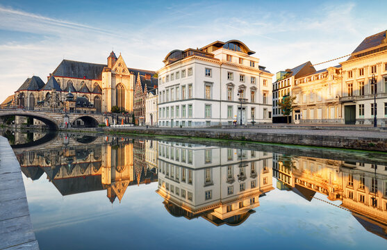 Belgium, Ghent - canal and medieval buildings in popular touristic city
