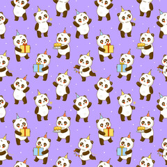 Seamless pattern with cute panda bears  on purple - cartoon background for happy Birrthday wrapping design