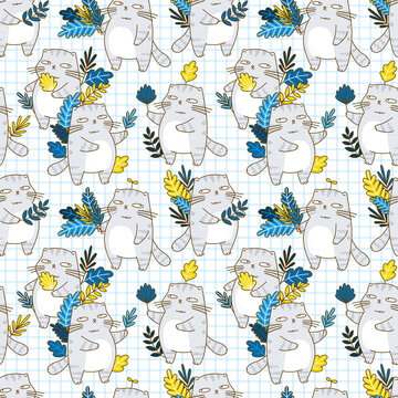 Seamless pattern with cute grey cats and leaves - cartoon background for textile and wrapping design 2