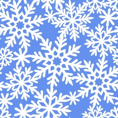 Square seamless pattern with snowflakes. Seasonal theme of christmas, winter, december. White snow on a blue background. Infinitely repeating texture for fabric, wrapping paper. Vector illustration.