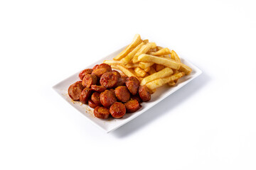 Traditional German currywurst isolated on white background, Typical oktoberfest food