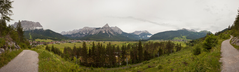 Panorama view Zugspitze mountain and Ehrwalder Sonnenspitze mountain in Tyrol, Austria