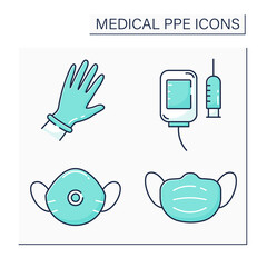 Medical PPE color icons set. Medical gloves, mask and consumables. Barrier between person and germs. Health protections concept. Isolated vector illustrations