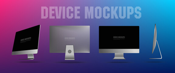 Naklejka premium Realistic personal computer from different angles. 3D projection PC. Presentation of a new generation computer. Powerful candy bar. New PC monoblok presentation