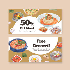 Voucher template with Korean foods concept,watercolor style