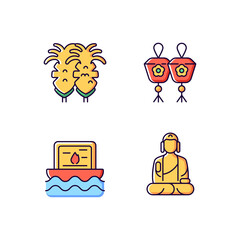 Taiwanese culture RGB color icons set. Isolated vector illustrations. Fried squid. Taiwan mini sky and water lanterns. Shan Buddha Museum. Religious ceremony simple filled line drawings collection