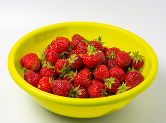a lot of strawberries with green tails in a large yellow bowl. concept of picking berries and teasing.