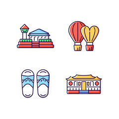 Obraz premium National taiwanese RGB color icons set. Isolated vector illustrations. Longshan temple. Taiwanese slippers. Traditional asian items. Ethnic heritage simple filled line drawings collection