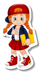 Sticker template with a student girl cartoon character isolated
