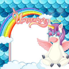 Empty banner with cute pegasus cartoon character on pastel mermaid scales