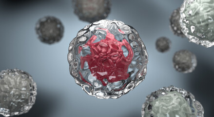Coronavirus, cancer cell or embryonic stem cell. Medical research or pandemic prevention banner with microscopic disease image. Red bacteria or virus in clear mucus on grey background, 3d illustration - obrazy, fototapety, plakaty