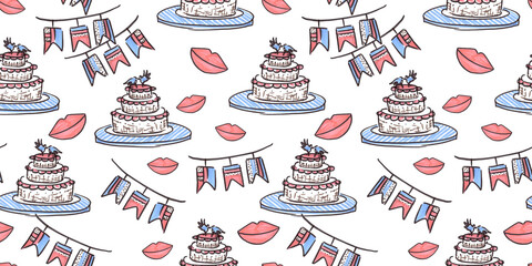 Seamless pattern for Wedding celebration in line art style on white background. Pink and blue doodle drawn with felt pen. Multicolor cartoon cake, lips and checkbox of illustrations for