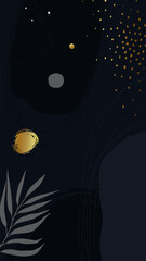 Dark blue artistic background with gold details and palm leaf. Vector illustration.