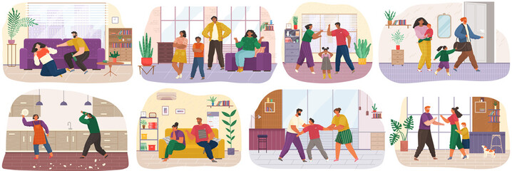Naklejka premium Family conflict scenes set. Fight and arguing, quarreling over child, parenting differences. Angry parents swearing. Unhappy children. Dispute man and woman. Toxic relationships between people