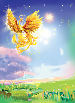 Fire-bird on the background of fantastic nature