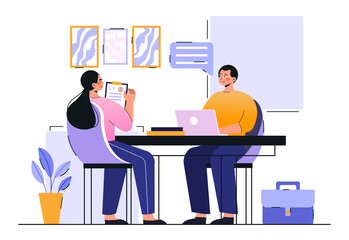 Job interview, employment process, choosing a candidate concept. The girl gets a new job and is interviewed by her boss. Cartoon modern flat vector illustration isolated on a white background